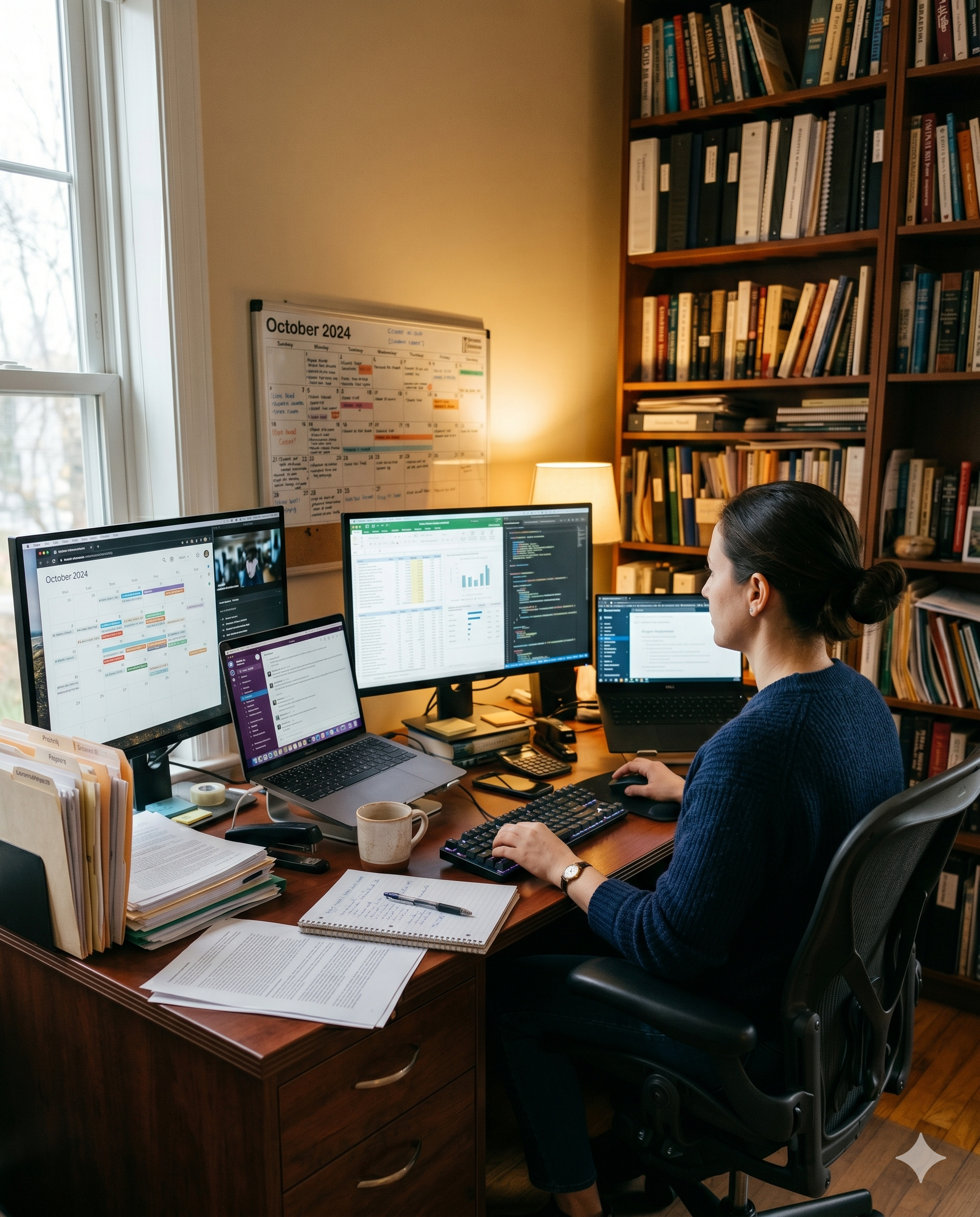 Woman working at her desk Business founder at a desk surrounded by multiple open screens and a packed calendar, viewed from the side
