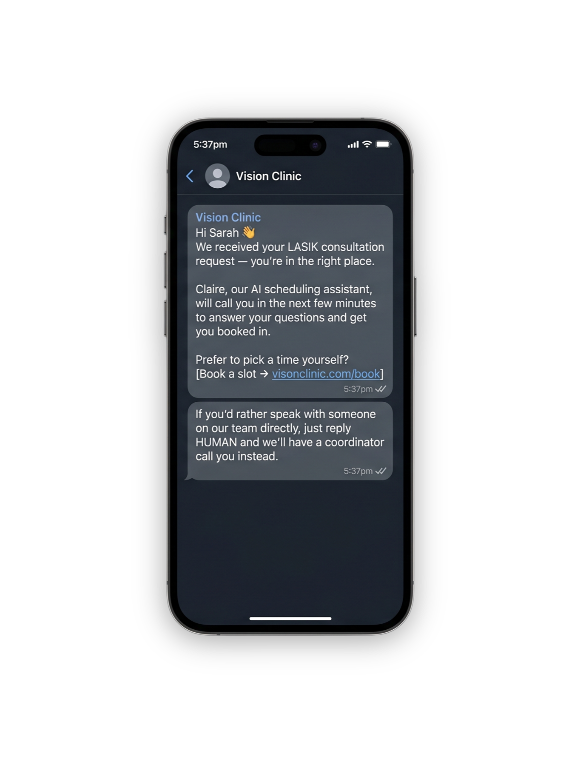 Screenshot mockup of an example automated first-response SMS for a LASIK inquiry Example of automated elective medical lead follow-up SMS response sent within 60 seconds of a patient form submission.