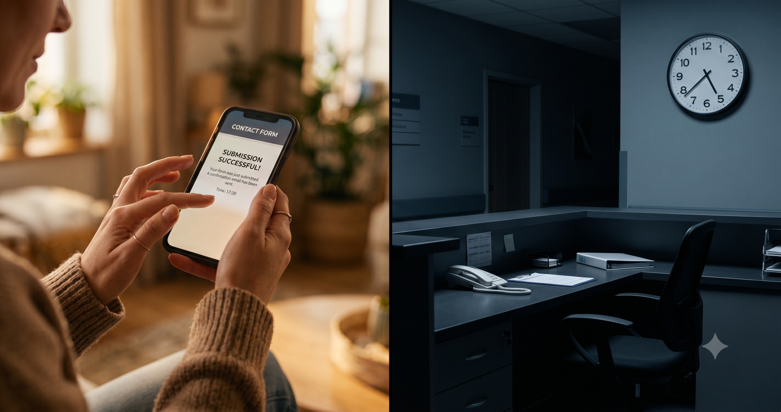 Elective Medical Lead Follow-Up: What Happens After a Patient Fills Out Your Contact Form 2 Empty clinic reception desk at 5:40pm beside a patient submitting a LASIK consultation form on her phone — illustrating the elective medical lead follow-up gap.